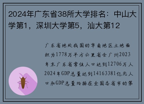 2024年广东省38所大学排名：中山大学第1，深圳大学第5，汕大第12