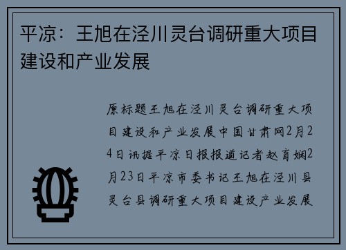 平凉：王旭在泾川灵台调研重大项目建设和产业发展