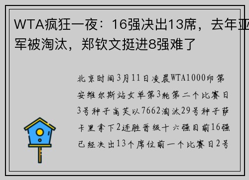 WTA疯狂一夜：16强决出13席，去年亚军被淘汰，郑钦文挺进8强难了