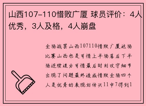 山西107-110惜败广厦 球员评价：4人优秀，3人及格，4人崩盘